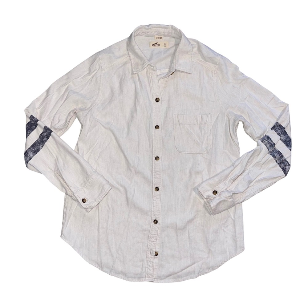 Hollister Womens XS White Button Down Shirt Long Sleeve Varsity Stripe Stretch